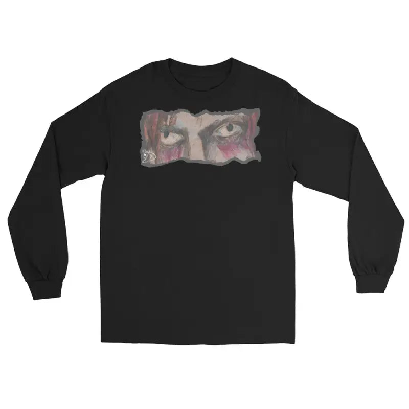 Black long-sleeve t-shirt featuring artistic eye design, a quintessential men’s fashion must-have