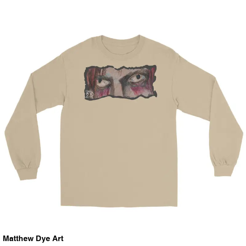 Beige long-sleeve t-shirt with eye graphic, a quintessential men’s fashion must-have