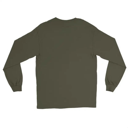 Olive green long-sleeve crew neck t-shirt, a quintessential men’s fashion must-have