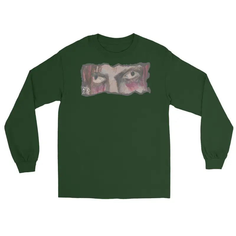 Dark green long-sleeve t-shirt with eye design, a quintessential men’s fashion must-have