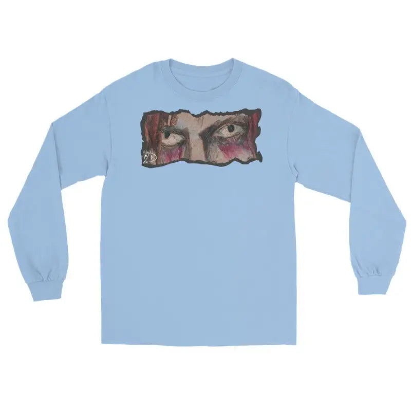 Light blue long-sleeve t-shirt featuring eye graphic, a quintessential men’s fashion piece