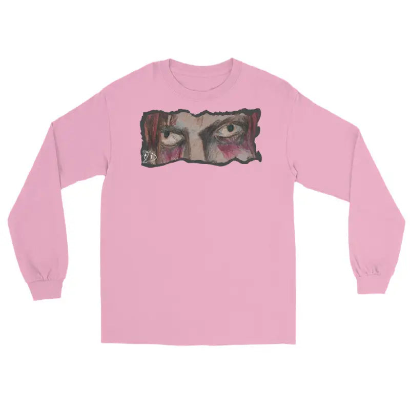 Pink long-sleeved t-shirt featuring intense eyes graphic, a quintessential men’s fashion must-have