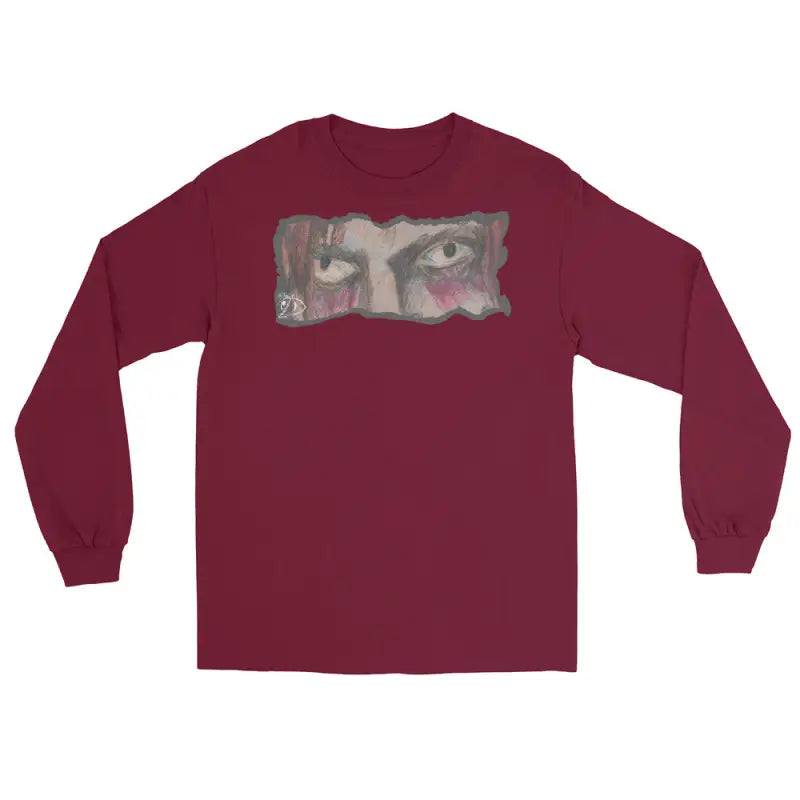 Burgundy long-sleeve t-shirt featuring intense eyes, a quintessential men’s fashion must-have