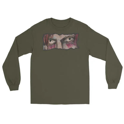 Olive green long-sleeve t-shirt with eye graphic, a quintessential men’s fashion must-have