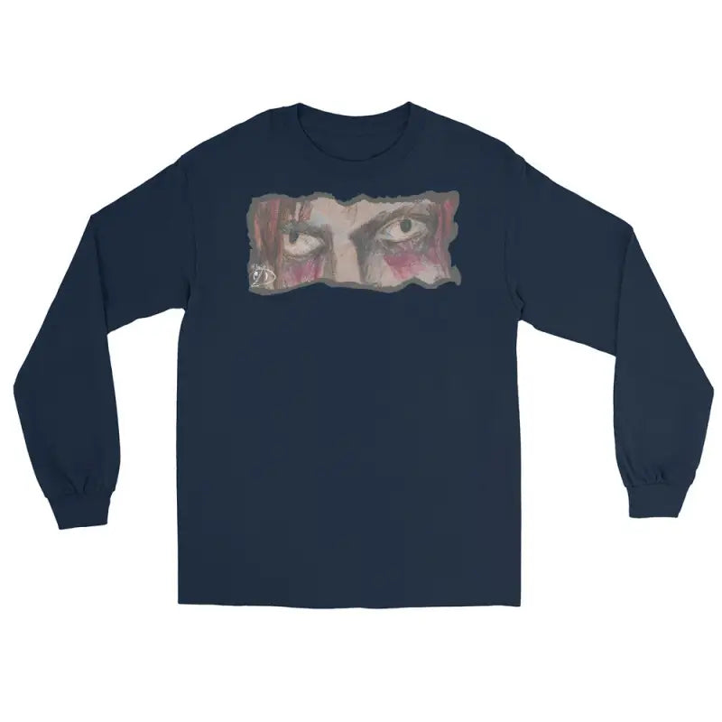 Navy blue long-sleeve t-shirt with artistic eye design for quintessential men’s fashion