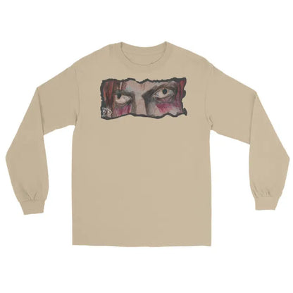 Beige long-sleeve t-shirt with eye graphic, a quintessential men’s fashion must-have