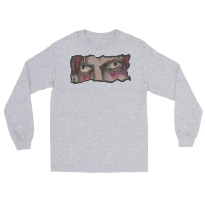 Light gray long-sleeve t-shirt with eye design, a quintessential men’s fashion must-have