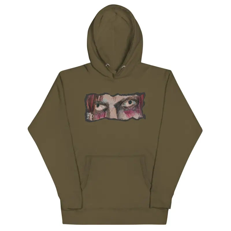 Olive green hoodie featuring artistic eye design, the softest hoodie, perfect gift