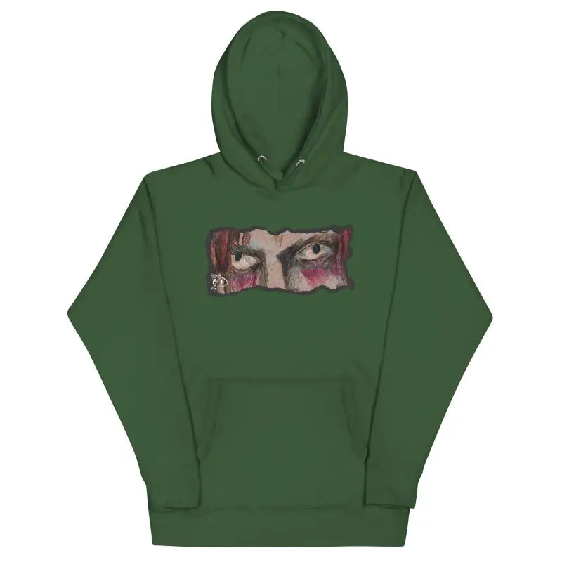 Forest green pullover hoodie featuring intense eyes graphic, perfect gift for art lovers