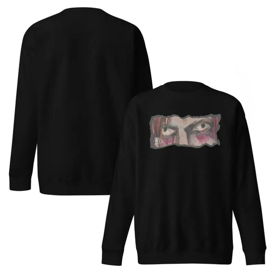 Black sweatshirt with eye graphic exemplifying urban elegance in a classic sweatshirt silhouette