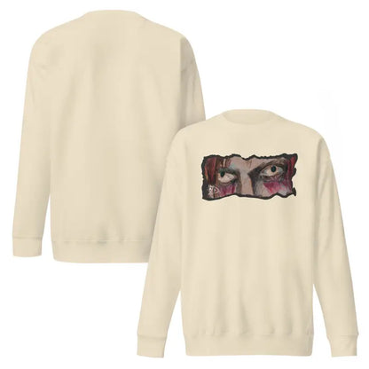 Two beige sweatshirts featuring eye graphic, embodying urban elegance and classic sweatshirt silhouette