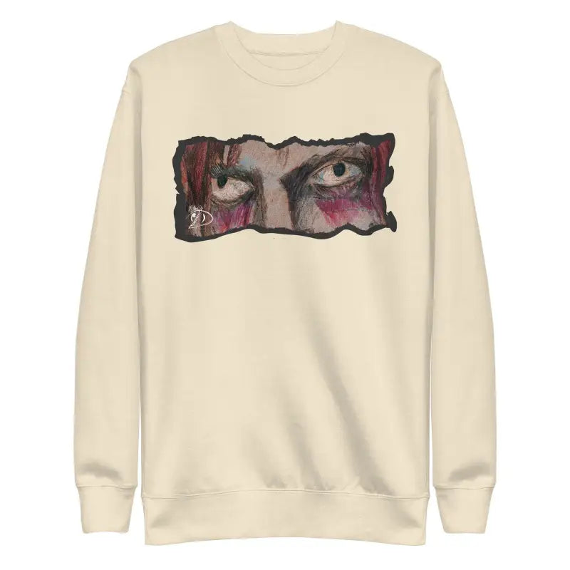 Cream-colored sweatshirt with artistic eye design, embodying urban elegance and classic silhouette