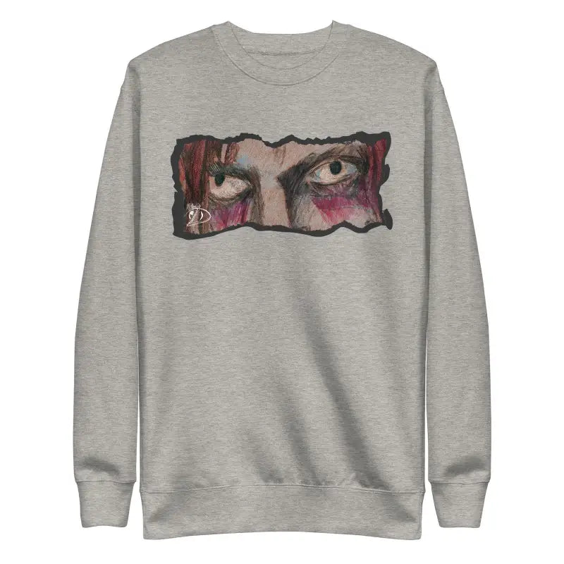 Gray sweatshirt in classic sweatshirt silhouette with artistic eye design in reddish tones