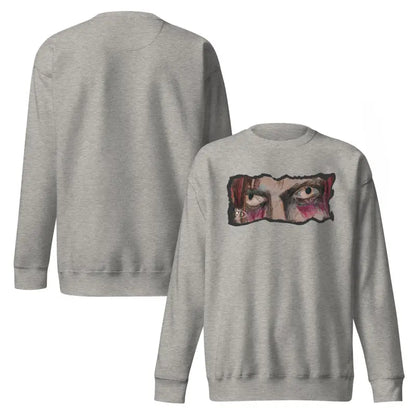 Gray sweatshirt featuring eye graphic in classic sweatshirt silhouette for urban elegance