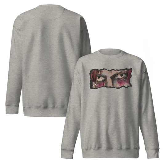 Gray sweatshirt featuring eye graphic in classic sweatshirt silhouette for urban elegance