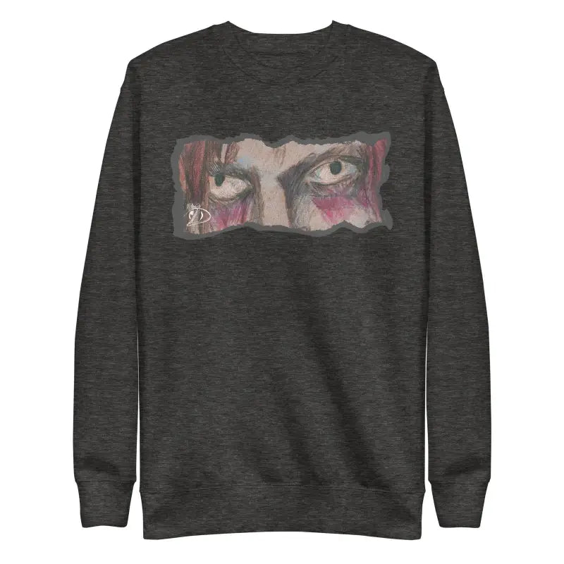 Dark gray sweatshirt featuring artistic eye design, embodying urban elegance in a classic sweatshirt silhouette