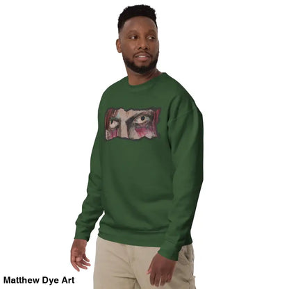 Green sweatshirt with eye graphic featuring classic sweatshirt silhouette in urban elegance