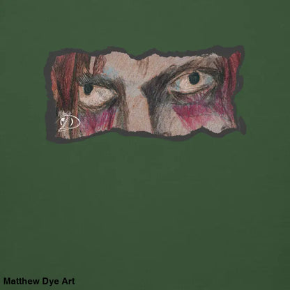 Intense eyes on torn paper featured on a classic sweatshirt silhouette horror art design