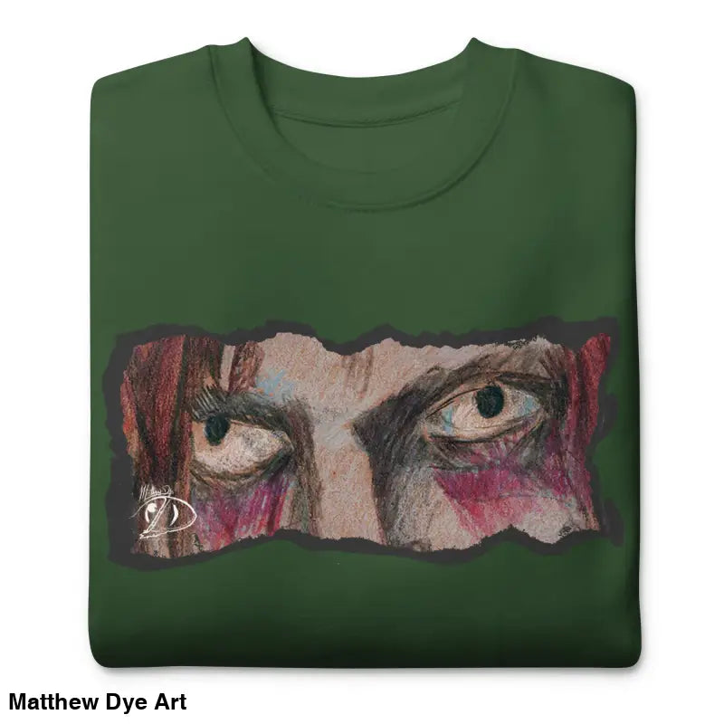 Green sweatshirt with eye graphic showcases urban elegance in a classic sweatshirt silhouette