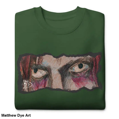 Green sweatshirt with eye graphic showcases urban elegance in a classic sweatshirt silhouette