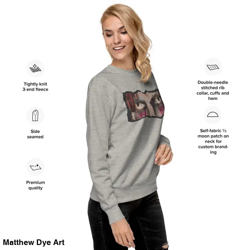 Gray sweatshirt with eye graphic, a classic sweatshirt silhouette in Horror Art Streetwear