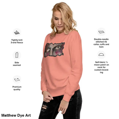 Salmon-colored sweatshirt featuring eye graphic, a timeless piece enriched with urban elegance