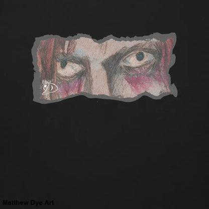 Intense eyes with red makeup on a classic sweatshirt silhouette in urban elegance
