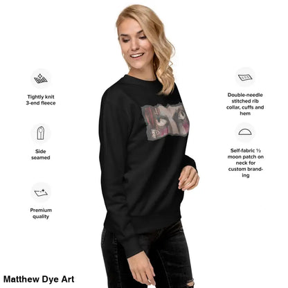 Black sweatshirt featuring graphic design, embodying urban elegance and classic sweatshirt silhouette