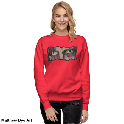 Red sweatshirt with eye graphic showcasing urban elegance in a classic sweatshirt silhouette