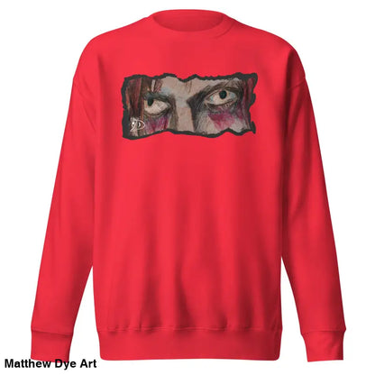 Red sweatshirt featuring eye graphic in classic sweatshirt silhouette for urban elegance