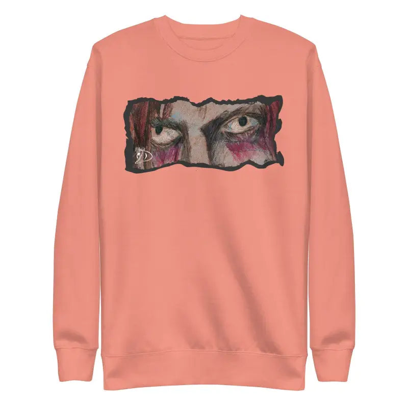 Peach sweatshirt in classic silhouette features artistic eye design, embodying urban elegance