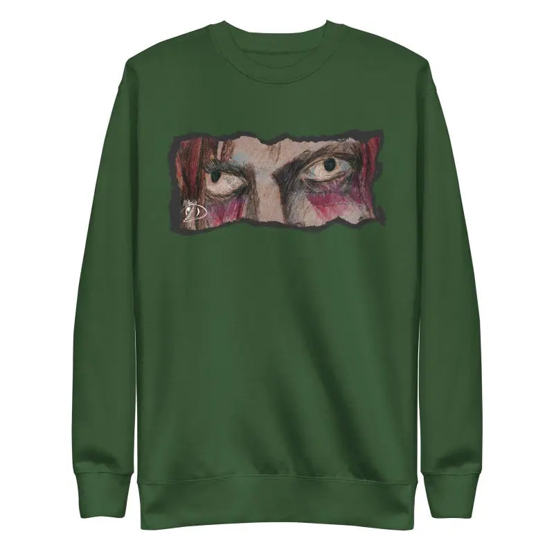 Forest green sweatshirt in classic silhouette with artistic eye design, embodying urban elegance