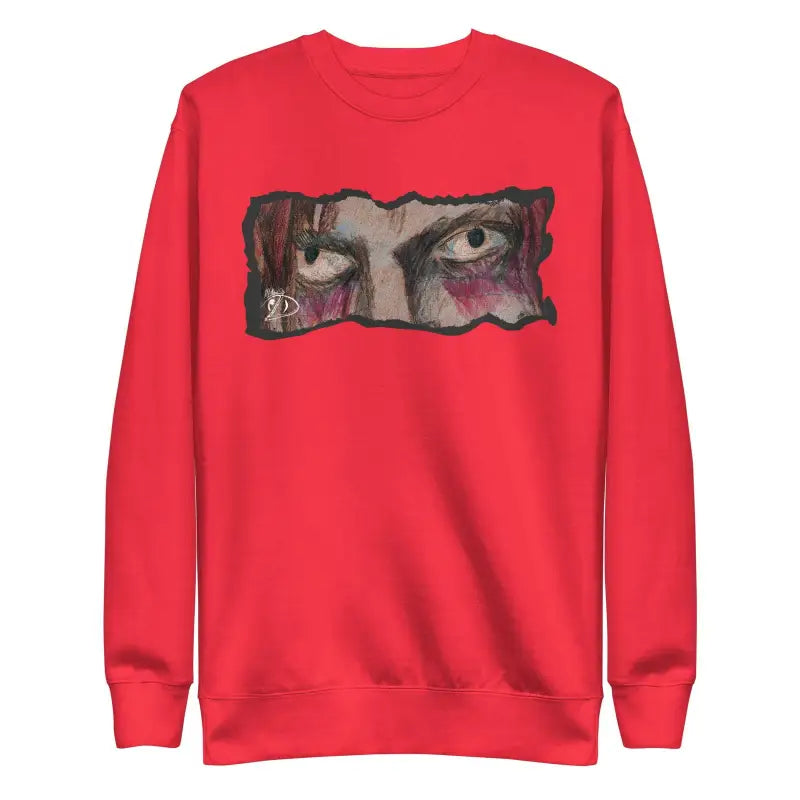 Red sweatshirt featuring an artistic eye design in a classic sweatshirt silhouette