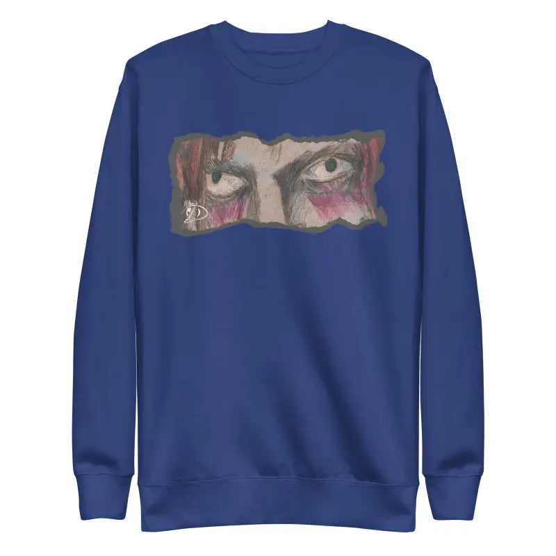 Navy blue sweatshirt featuring an artistic eye design in a classic sweatshirt silhouette