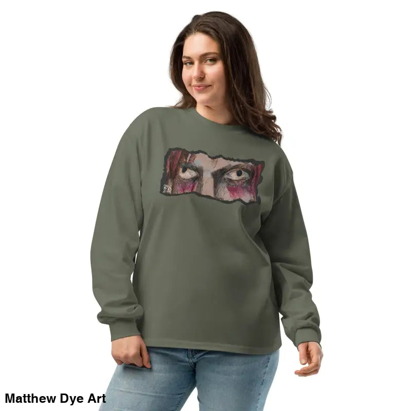 Olive green Watcher’s Veil unisex long sleeve shirt featuring an eye graphic, premium quality