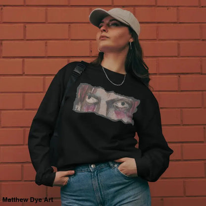 Woman in black sweatshirt with eye graphic wearing an elegant premium long sleeve shirt