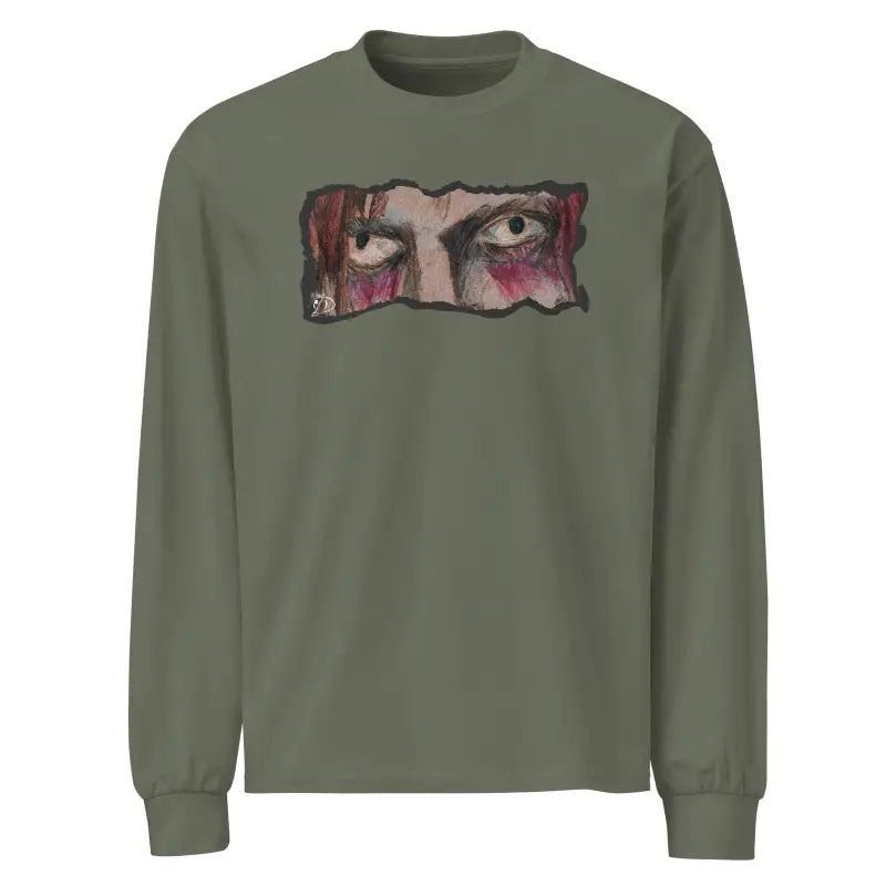 Olive green premium long sleeve shirt featuring artistic eye design on chest