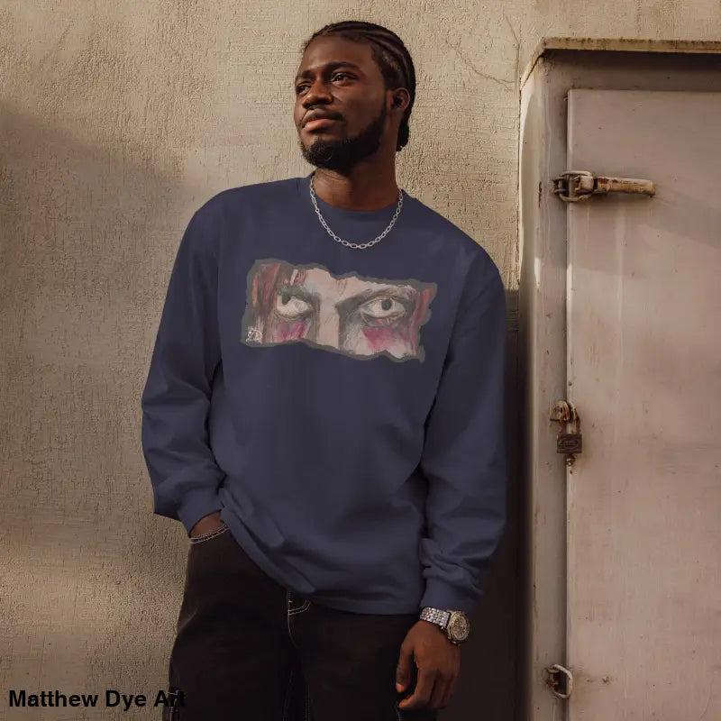 Navy blue elegant premium long sleeve sweatshirt featuring eye graphic for haunting streetwear