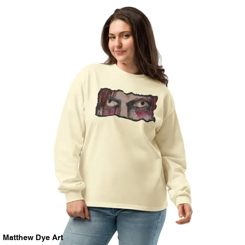 Woman in elegant premium long sleeve shirt featuring a striking eye graphic design