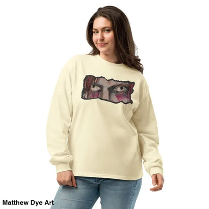 Woman in elegant premium long sleeve shirt featuring a striking eye graphic design
