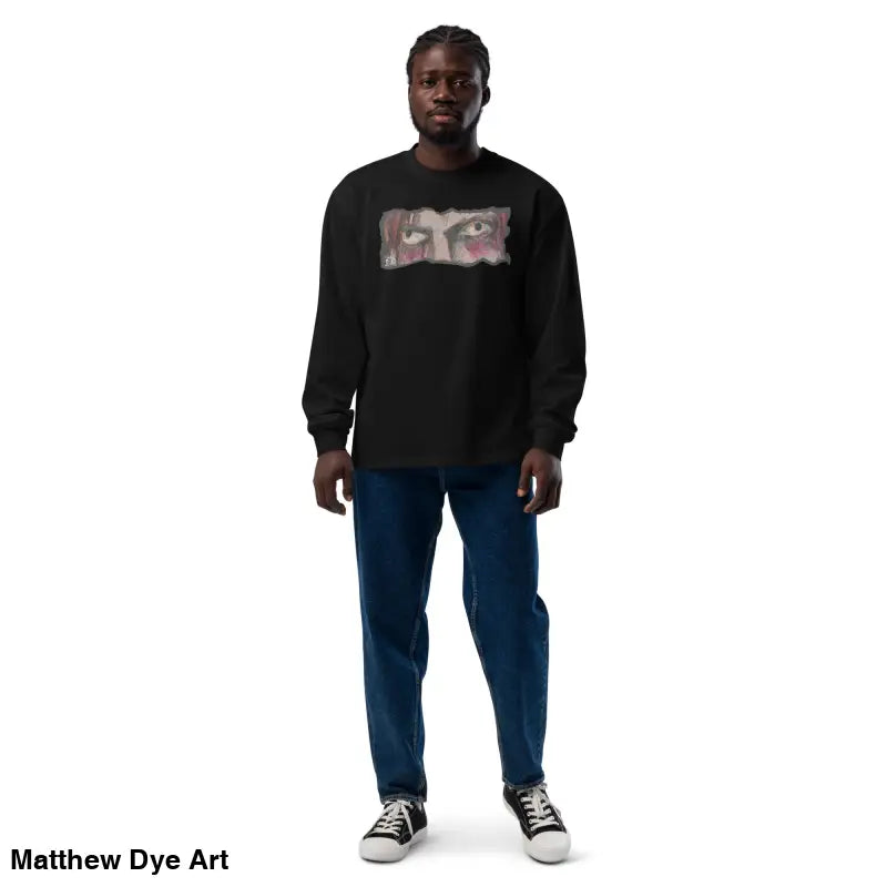 Man in elegant premium long sleeve shirt and blue jeans showcasing Watcher’s Veil design