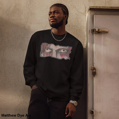 Black sweatshirt featuring an eye graphic, part of the elegant premium long sleeve collection