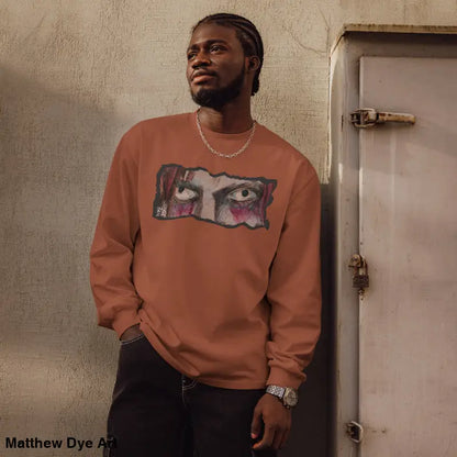 Man in an elegant premium long sleeve shirt with eye graphic from Watcher’s Veil