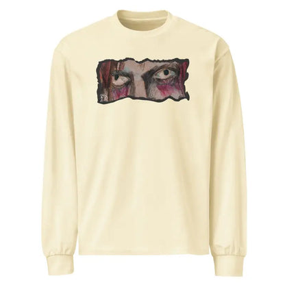 Cream-colored premium long sleeve shirt featuring artistic eye design on the chest