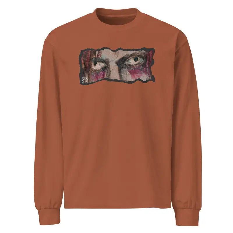 Rust-colored premium long sleeve shirt featuring an artistic eye design graphic