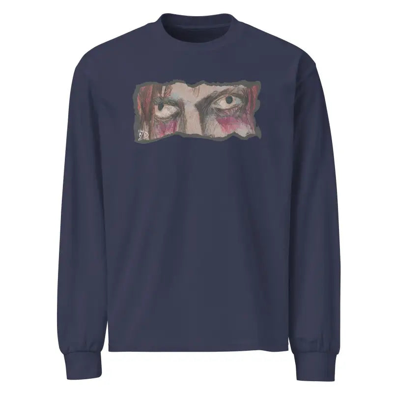 Navy blue premium long sleeve shirt featuring an artistic eye design graphic