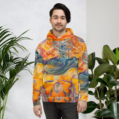 Vibrant orange and blue Waves of Saturn All-Over Print Hoodie by Matthew Dye