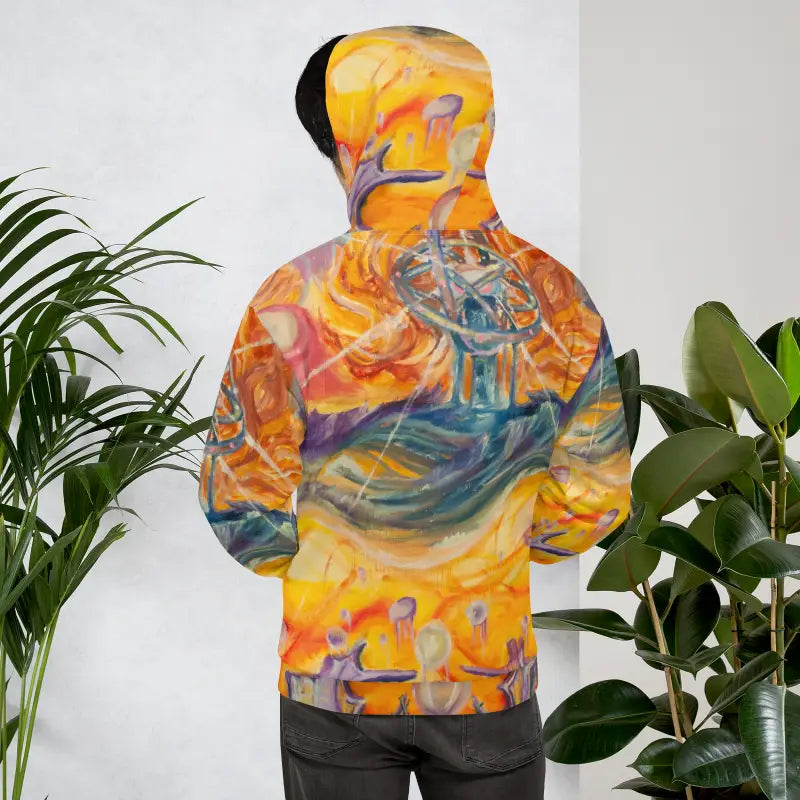 Colorful Saturn all-over print hoodie by Matthew Dye showcasing vibrant swirling designs