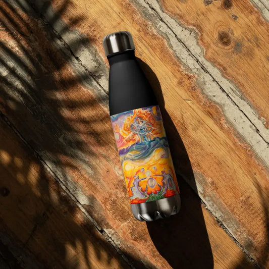 Black Waves of Saturn Stainless Steel Water Bottle with colorful artistic design for hydration