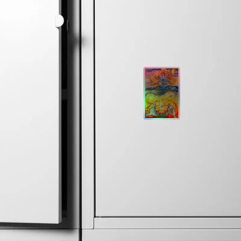 Colorful Waves of Saturn Holographic Stickers showcased as artwork on a refrigerator